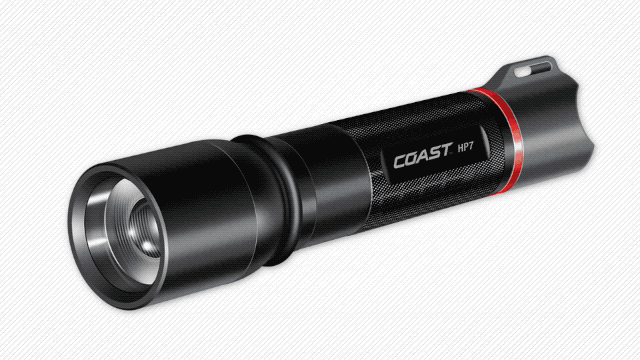 An animation that highlights the build of COAST Flashlight, build features include the LED CREE chip, the cyclone cooling system, and the glass lens.