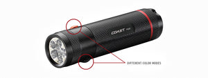 An infographic highlighting the COAST Dual Switch system that allows flashlight users to operate a white and colored light modes separately. 