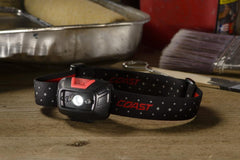 A COAST FL19 LED Headlamp sitting on a table next to a paint brush and a point roller resting in a metal paint tin.  