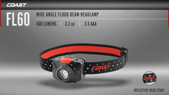 An animation highlighting the COAST FL60 LED Headlamp with specs including beam type, lumens, weight, and batteries.