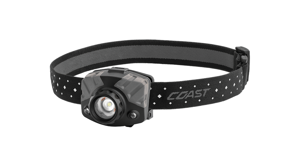 COAST Black & Gray 435 Lumen Tri-Color Focusing LED Headlamp, Angled Photo