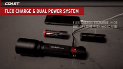 An animation highlighting the COAST Flex Charge & Dual Power Systems compatible with the HP10R Flashlight.