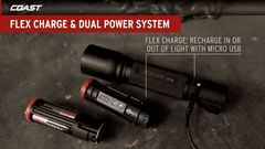 An animation highlighting the COAST Flex Charge & Dual Power Systems compatible with the HP7R Flashlight.