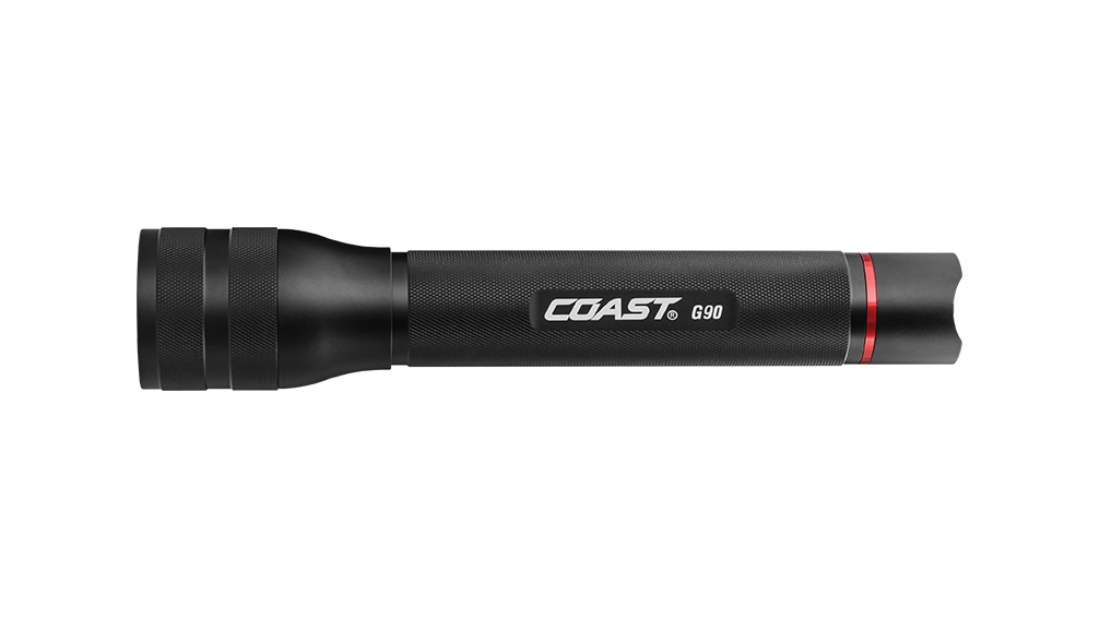 A side angle of the COAST G90 aluminum LED flashlight in black. 