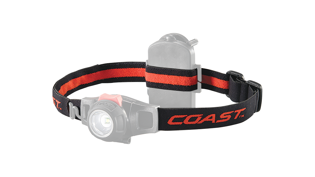 A COAST LED Headlamp with the headband of the headlamp highlighted, angled photo.