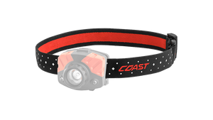 A COAST LED Headlamp with the black headband of the headlamp highlighted, angled photo.