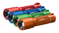 A Group Shot of the COAST HP7R 300 Lumen 6.125 Inch Rechargeable LED Flashlight in Red, Blue, Green, and Orange, group photo