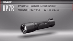 An animation highlighting the COAST HP7R Rechargeable LED Flashlight with specs including beam type, lumens, weight, and batteries.