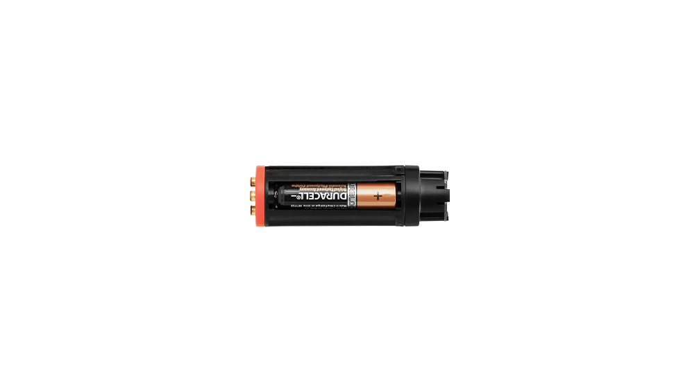 A side photo of a black PX1R/TX1R Alkaline Battery Cartridge with three alkaline batteries in it.